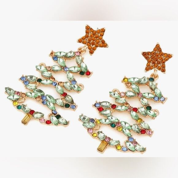 New - Christmas Tree Rhinestone Sparkle Earrings - Picture 1 of 3